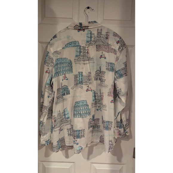 Talbots XL Roman Holiday Popover Blouse Rome Italy Print Side Buttons Top - Picture 7 of 8